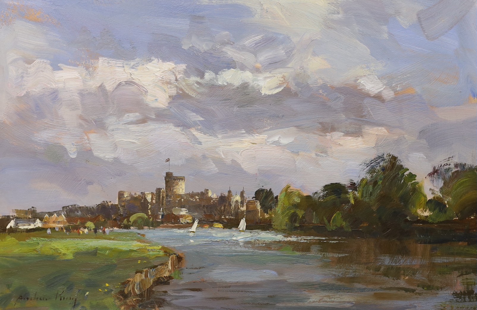 Andrew King ROI, oil on board, 'Riverside towards Windsor', signed with artist label verso, 40 x 60cm